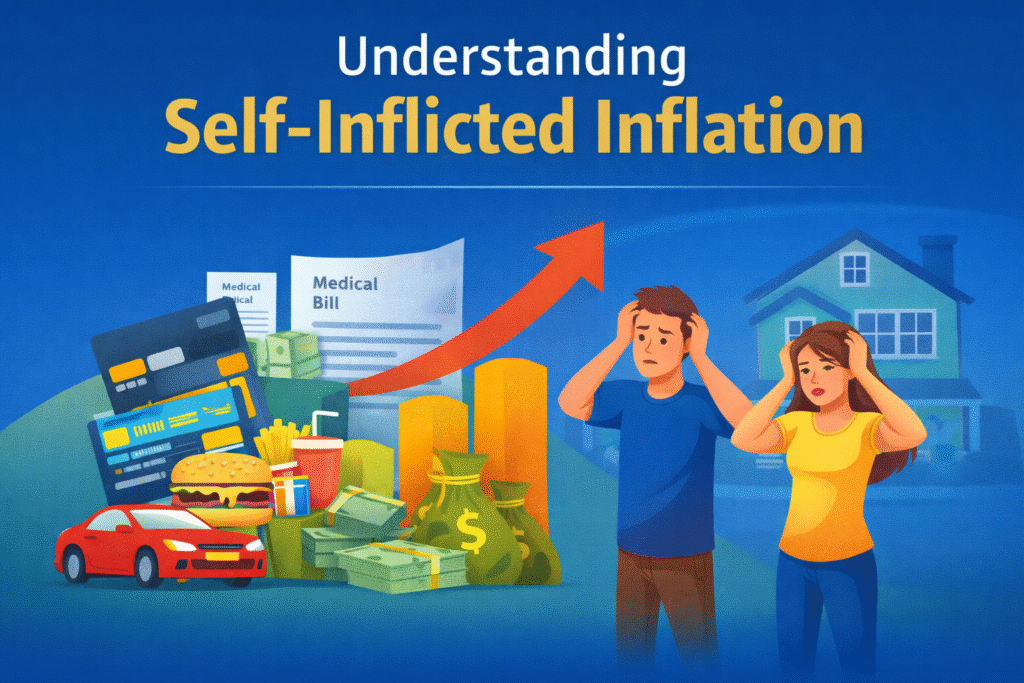 Illustration explaining self-inflicted inflation caused by lifestyle debt, showing how car payments, credit cards, and everyday spending reduce home buying power.
